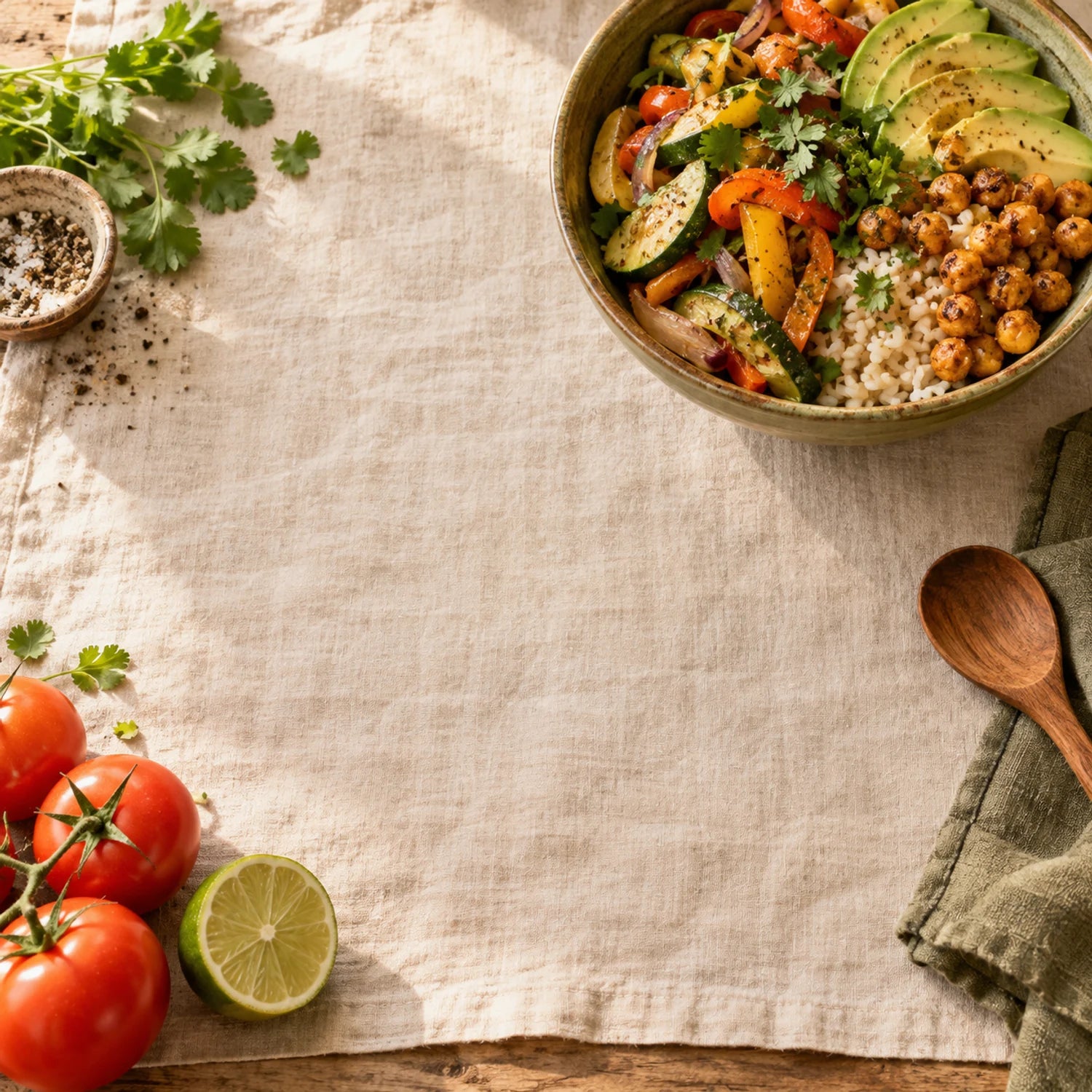 Ingredientes frescos y un plato casero sobre una mesa de cocina